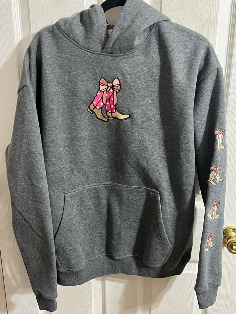 Simply Southern Gray Hoodie with Embroidered Cowgirl Boots